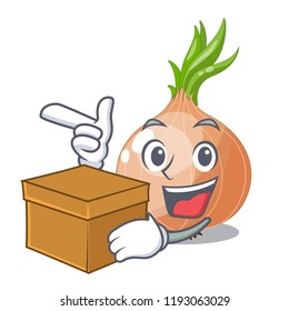 With box character fresh vegetable onion in the market