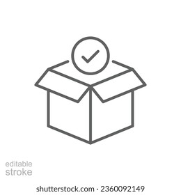 Box check icon. Simple outline style. Receive product, delivery package, open order, cardboard, bulk, unpack box concept. Thin line symbol. Vector isolated on white background. Editable stroke EPS.