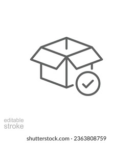 Box check icon. Simple outline style. Receive product, delivery package, open order, cardboard, bulk, unpack box concept. Thin line symbol. Vector isolated on white background. Editable stroke EPS.