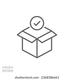 Box check icon. Simple outline style. Receive product, delivery package, open order, cardboard, bulk, unpack box concept. Thin line symbol. Vector isolated on white background. Editable stroke EPS.
