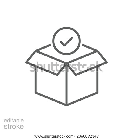 Box check icon. Simple outline style. Receive product, delivery package, open order, cardboard, bulk, unpack box concept. Thin line symbol. Vector isolated on white background. Editable stroke EPS.