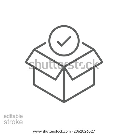 Box check icon. Simple outline style. Receive product, delivery package, open order, cardboard, bulk, unpack box concept. Thin line symbol. Vector isolated on white background. Editable stroke EPS.