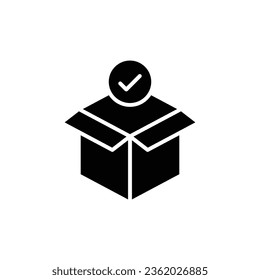 Box check icon. Simple solid style. Receive product, delivery package, open order, cardboard, bulk, unpack box concept. Black silhouette, glyph symbol. Vector isolated on white background. EPS.