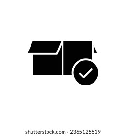Box check icon. Simple solid style. Receive product, delivery package, open order, cardboard, bulk, unpack box concept. Black silhouette, glyph symbol. Vector isolated on white background. EPS.