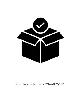 Box check icon. Simple solid style. Receive product, delivery package, open order, cardboard, bulk, unpack box concept. Black silhouette, glyph symbol. Vector isolated on white background. EPS.