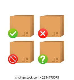 A box with a check mark and a cross, a question mark, a prohibition sign. Vector illustration