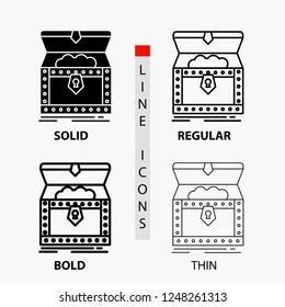 Box, chest, gold, reward, treasure Icon in Thin, Regular, Bold Line and Glyph Style. Vector illustration