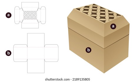 Box with chest shaped stenciled lid die cut template and 3D mockup