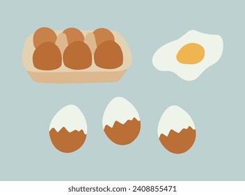 caja de huevos de gallina, huevos con caparazón, huevo frito. Ilustración vectorial dibujada a mano