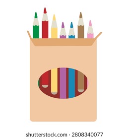 Box children colored pencils for drawing. Hand drawn vector flat. Art lesson tool. Stationery. School supplies. Equipment. Preschool education. Colored illustration.