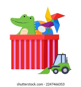 Box with children toys flat vector illustration. Wooden and cardboard boxes with gifts, toys, dolls, cars, teddy bears for kids games. Childhood, nursery concept