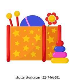 Box with children toys flat vector illustration. Wooden and cardboard boxes with gifts for kids games. Childhood, nursery concept