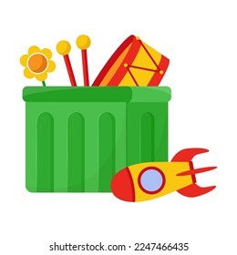 Box with children toys flat vector illustration. Wooden box with gifts, plush toys, dolls, cars, teddy bears for kids games. Childhood, nursery concept