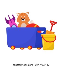 Box with children toys flat vector illustration. Wooden and cardboard boxes with plush toys, dolls, cars, teddy bears for kids games. Childhood, nursery concept