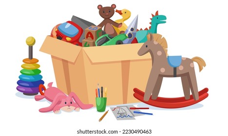 Box with children toys vector illustration set. Different children toys in a cardboard box isolated on white background. Childhood concept