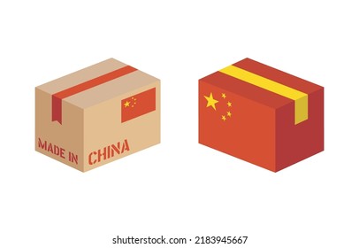 box with China flag icon set, cardboard delivery package made in China