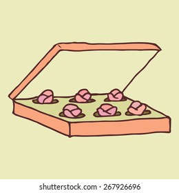 Box of chocolate candies. Vector hand-drawn illustration in cartoon style on isolated background. Vintage colors. Good for web and print.