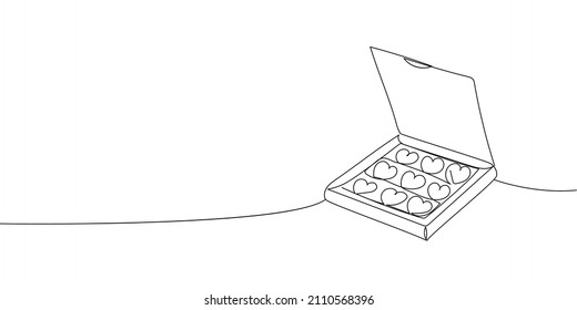 Box With Chocolate Continuous Line Drawing. One Line Art Of Decoration, Sweets,cupcakes, Muffin, Chocolate, Gift, Romance, March 8, Birthday, Valentine S Day, Relationship, Love.