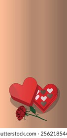 box of chocolate and one piece of rose flowers background.