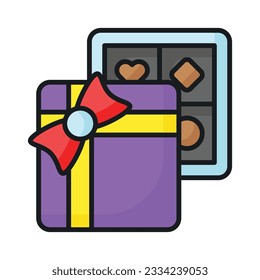 Box of chocolate with ribbon bow, flat vector of chocolate gift