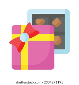 Box of chocolate with ribbon bow, flat vector of chocolate gift