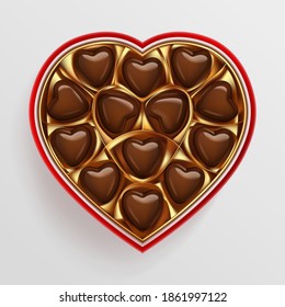 Box of chocolate sweets in heart shape. Top view vector illustration isolated. Realistic 3d design, romantic concept