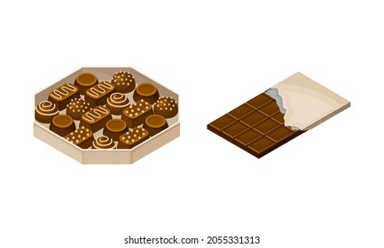 Box of chocolates and bar of chocolate vector illustration on white background