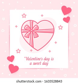 Box of chocolates with bow valentine card with love text, Valentines day, february 14, pink line icon with decor, social networks post template. Love, wedding, romantic symbol. Vector illustration