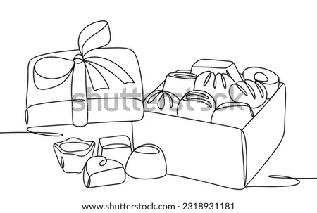 Box of chocolates. Gift box with a bow. World Chocolate Day. National Junk Food Day. One line drawing for different uses. Vector illustration.