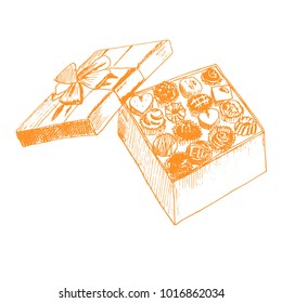 A box of chocolates a gift for St. Valentine's Day. Sketch hand drawn.