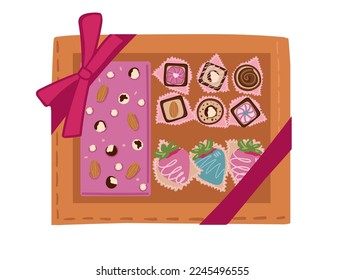 A box of chocolates as a gift. Sweets for Valentine s Day, Mother s Day, and Women s Day. Flat style, vector illustration.