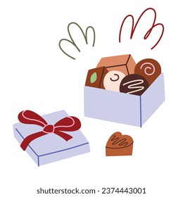 Box of chocolates icon, vector doodle illustration of chocolate candies with different toppings, present for Christmas, Valentines, birthday gift, sweet dessert, wrapping with ribbon