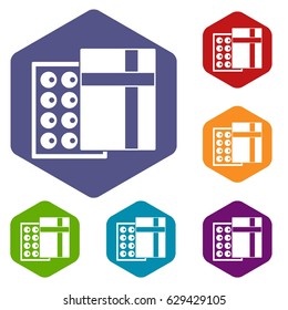 Box with chocolates icons set hexagon isolated vector illustration