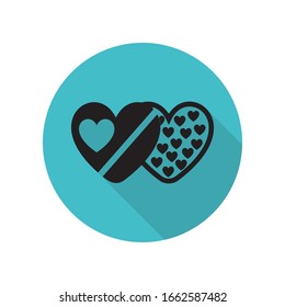 Box of chocolates in the shape of heart long shadow icon. Simple glyph, flat vector of arrow icons for ui and ux, website or mobile application