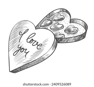 Caja de chocolates. Dulces para el Día de San Valentín. Los caramelos en forma de corazón en la caja con la inscripción te amo. Ilustración de estilo de esbozo en blanco y negro