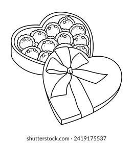 Una caja de chocolates para el Día de San Valentín en forma de corazón. Postre, dulces. página de coloreado, icono, ilustración vectorial en blanco y negro.