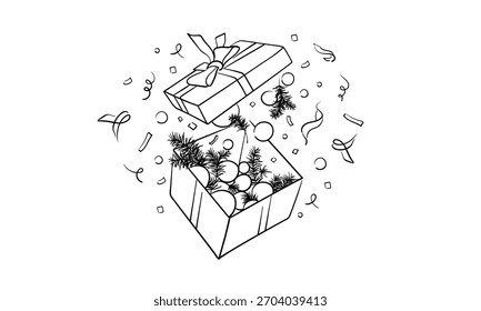 Box of Christmas decorations with confetti, continious line art drawing. New Year, Christmas outline. Vector illustration