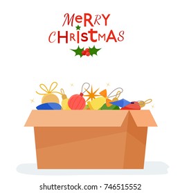 Box with christmas decorations. Flat cartoon style vector illustration.