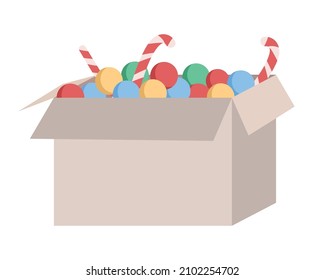 Caja con decoraciones navideñas objeto vector de color semiplano. Artículo realista sobre el blanco. Decoraciones en invierno aisladas de dibujos animados modernos ilustración para diseño gráfico y animación