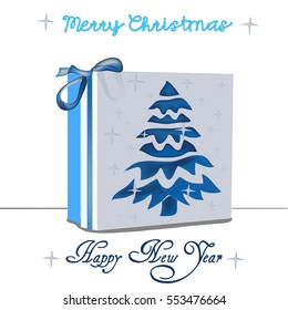 BOX CHRISTMAS realistic vector Christmas beautiful gift, inscription - again Year and Merry Christmas