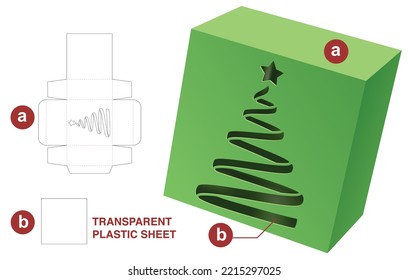 Box with Christmas tree window die cut template and 3D mockup