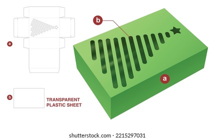 Box and Christmas tree window with transparent plastic sheet die cut template and 3D mockup