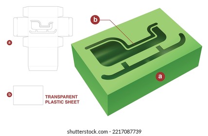 Box and Christmas window with transparent plastic sheet die cut template and 3D mockup