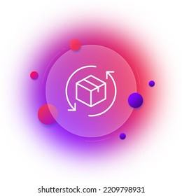 Cuadro con icono de línea de flechas circulares. Paquete, embalaje, servicio logístico, paquete, envoltura de regalo, madera, envoltura, cartón, envío, embalaje, material reciclable. Concepto de entrega. Estilo de glasmorfismo.