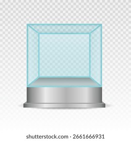 Box with clear dome cover on stand and block platform isolated as exhibition placeholder for furniture expo interior vector design or security equipment in black background

