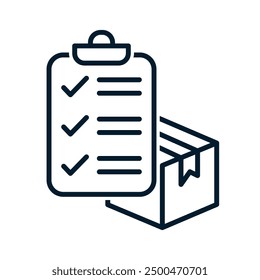 Caja, Portapapeles, marcas. Concepto de inventario, entrega exitosa. Icono lineal de Vector aislado sobre fondo blanco.