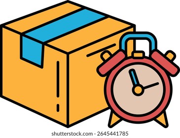 Uma caixa com um relógio. O relógio mostra a hora como 10:00. A caixa é laranja e tem uma faixa azul