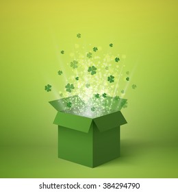 Box with clover. Box isometric. Vector box. Lonely box. Open box. Open box isolated. Isometric box green. Shamrock. Flying clover. Irish clover. Gift box. Surprise box.