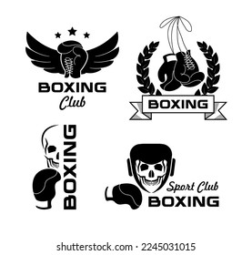 Box Club. Gefechtslogo. Champion-Badge. Vintage-Siegelsymbol. Label der Sportakademie. Texas oder Thai Boxlogotype. Handschuhe und Schädel. Black Silhouette Boxer Symbole. Vektor-Strommarkensatz