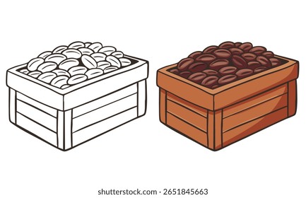 Box of cocoa beans. Outlined and hand-drawn illustration. Perfect for food illustrations, packaging design or educational materials.